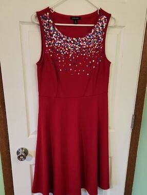 Lands' End Red Sleeveless Fit-and-Flare Dress with Multicolor Sequin Neckline
